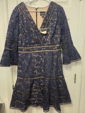 SHANI Navy Blue Lace Fit-and-Flare Dress with Nude Lining NWT Retail $180